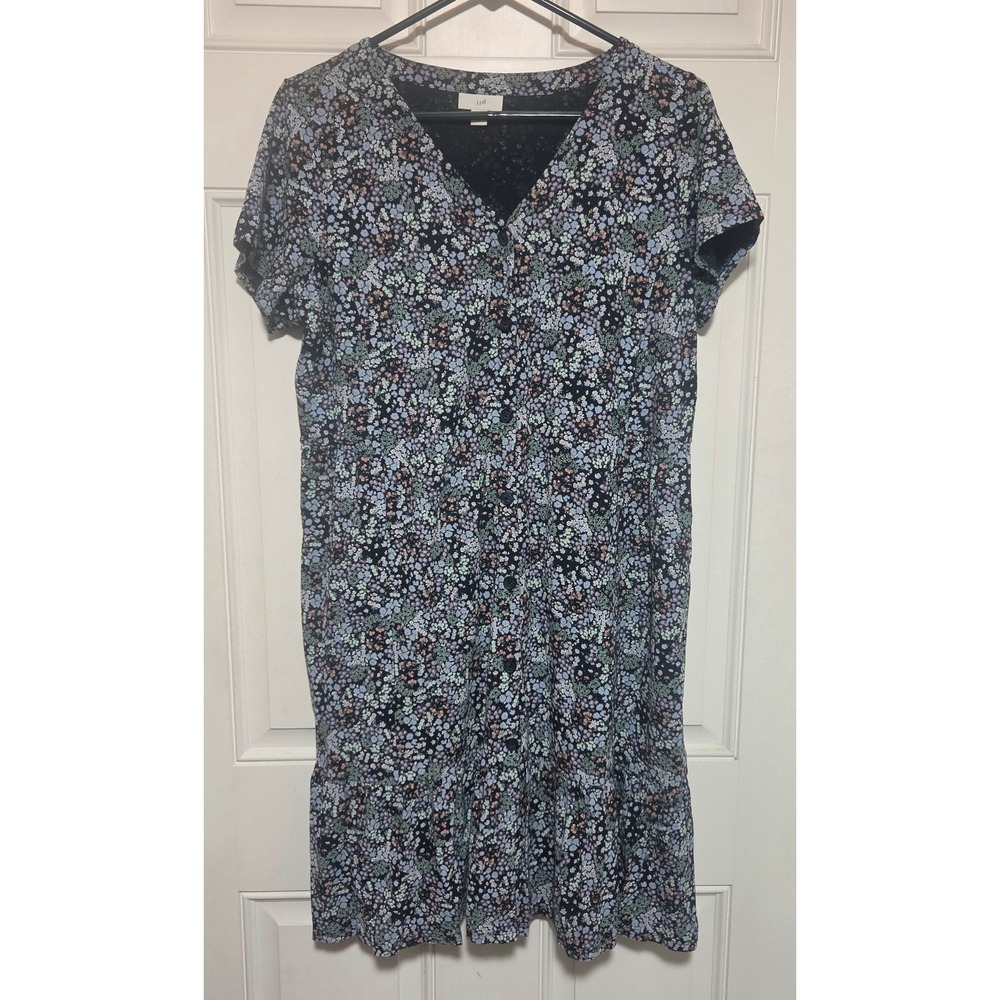 J. Jill Floral Button Front Tiered Dress Blue Cotton Tencel Blend Size M